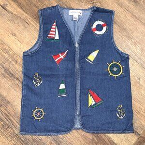 Vtg CASTLE SPORTS Embroirded Sailboat Flag Anchor DENIM VEST Collegiate Nautical